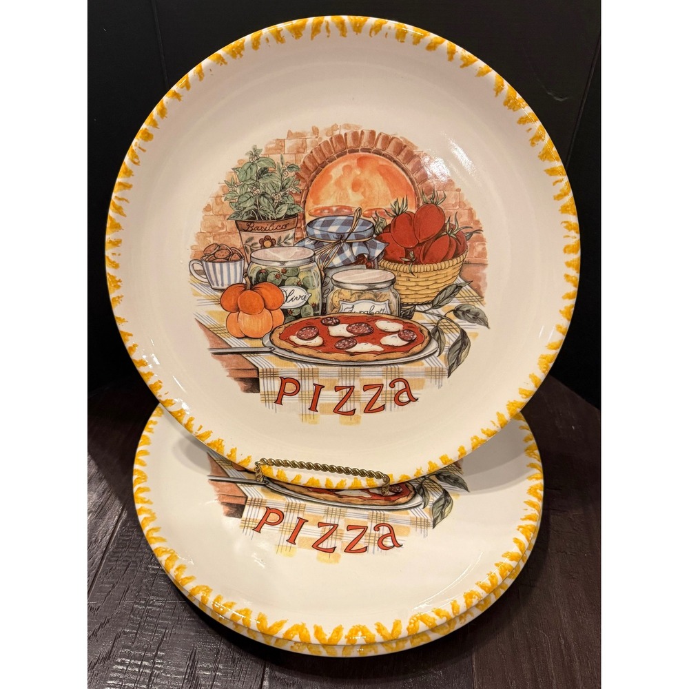 C.M.S. Pizza Plates Yellow Trim Rustic Kitchen Hand Painted Italy Set of 3 NEW